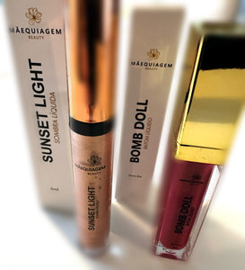 Combo: Sombra Líquida Multifuncional Sunset Light + Batom Líquido Bomb Doll cor Bloom Kiss