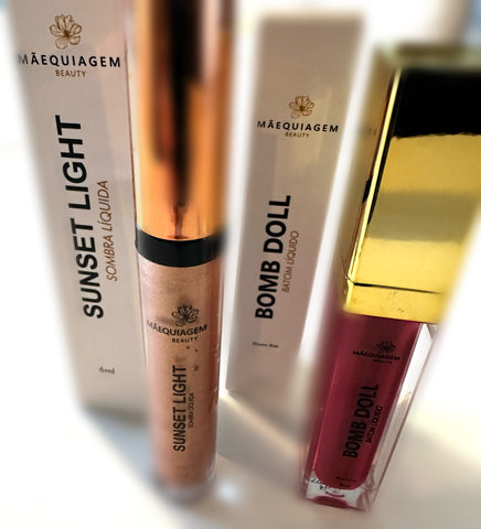 Combo: Sombra Líquida Multifuncional Sunset Light + Batom Líquido Bomb Doll cor Bloom Kiss